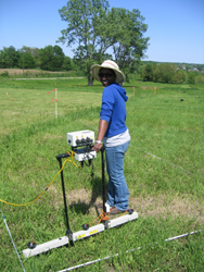 NSF student Shalonda Collins working on electric resistivity survey