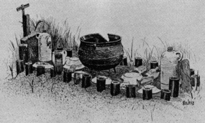 Rendering of a Kongo Chieftain's grave, from E. J. Glave, Century Magazine, Vol. 41, p. 827 (1891), in J. M. Vlach, By The Work of Their Hands: Studies in Afro-American Folklife, p. 44, 1991