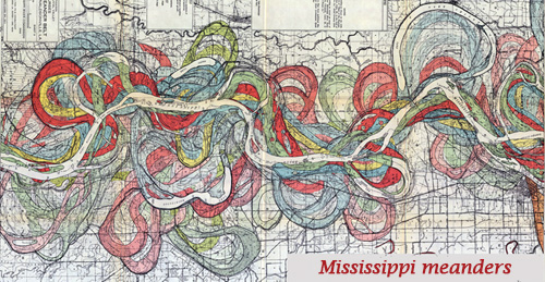 Mississippi River meanders over time, 1944